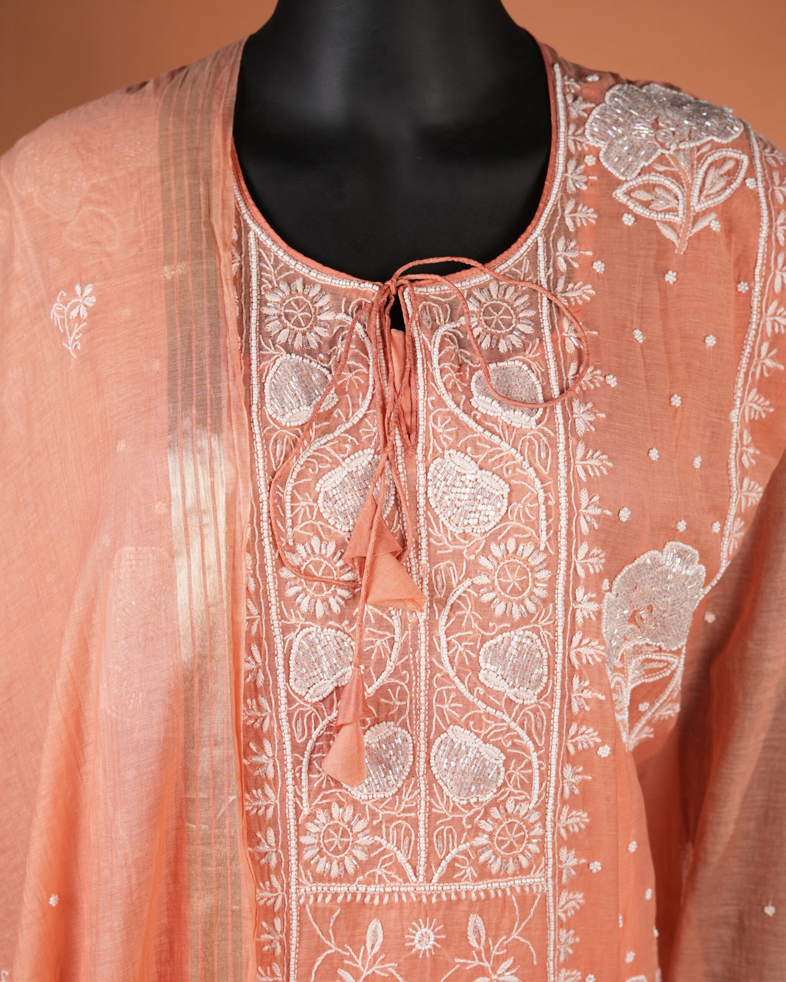 Lucknowi-Designer-Chikankari-Suits-Light Orange-Close UP