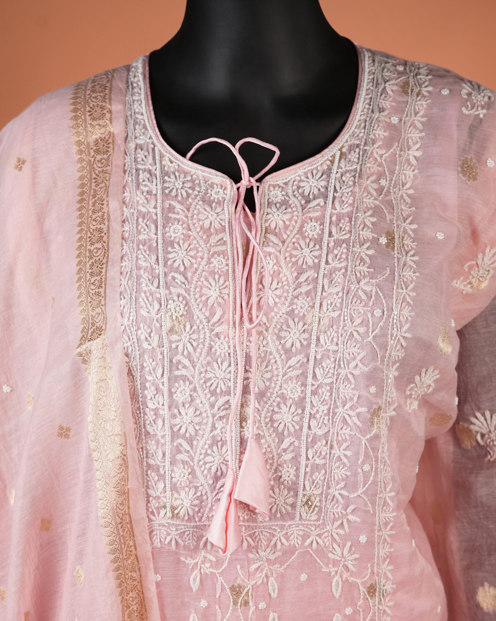 Lucknowi-Designer-Chikankari-Suits-Peach Pink-Close UP