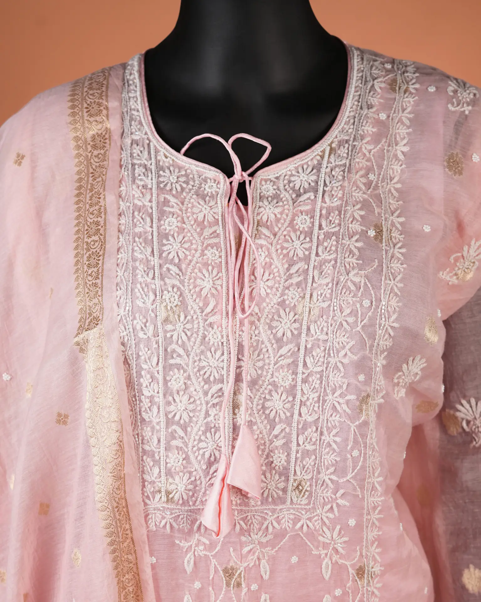 Lucknowi-Designer-Chikankari-Suits-Peach Pink-Close UP