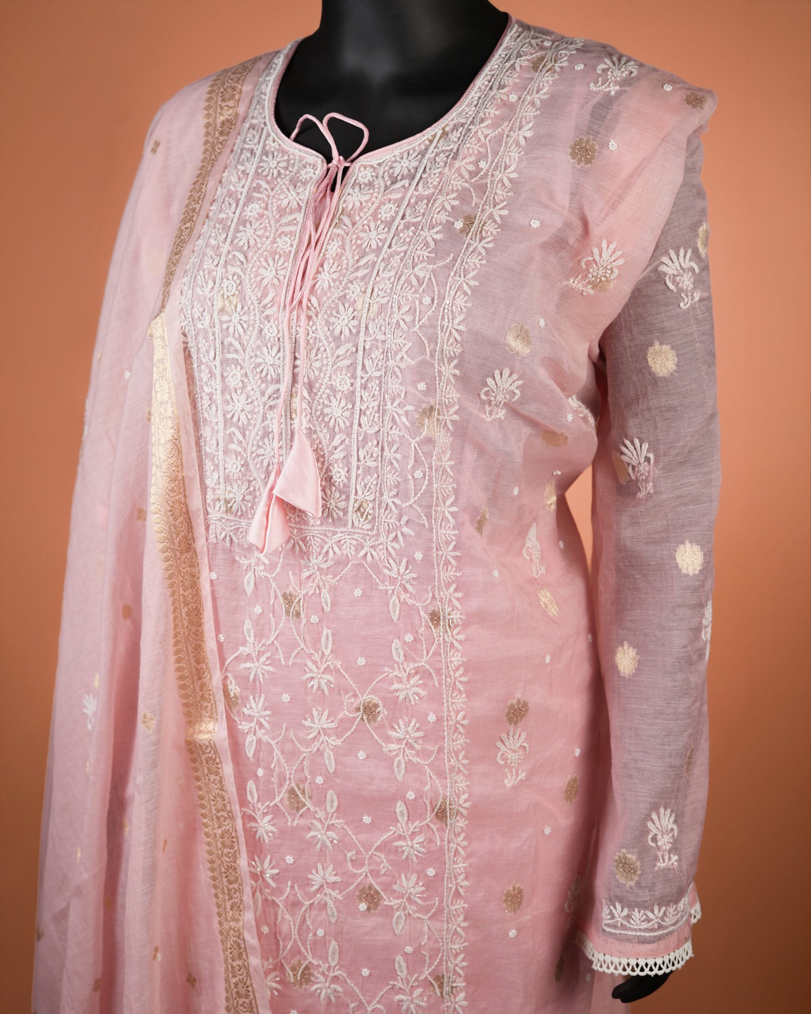 Lucknowi-Designer-Chikankari-Suits-Peach Pink-Left View